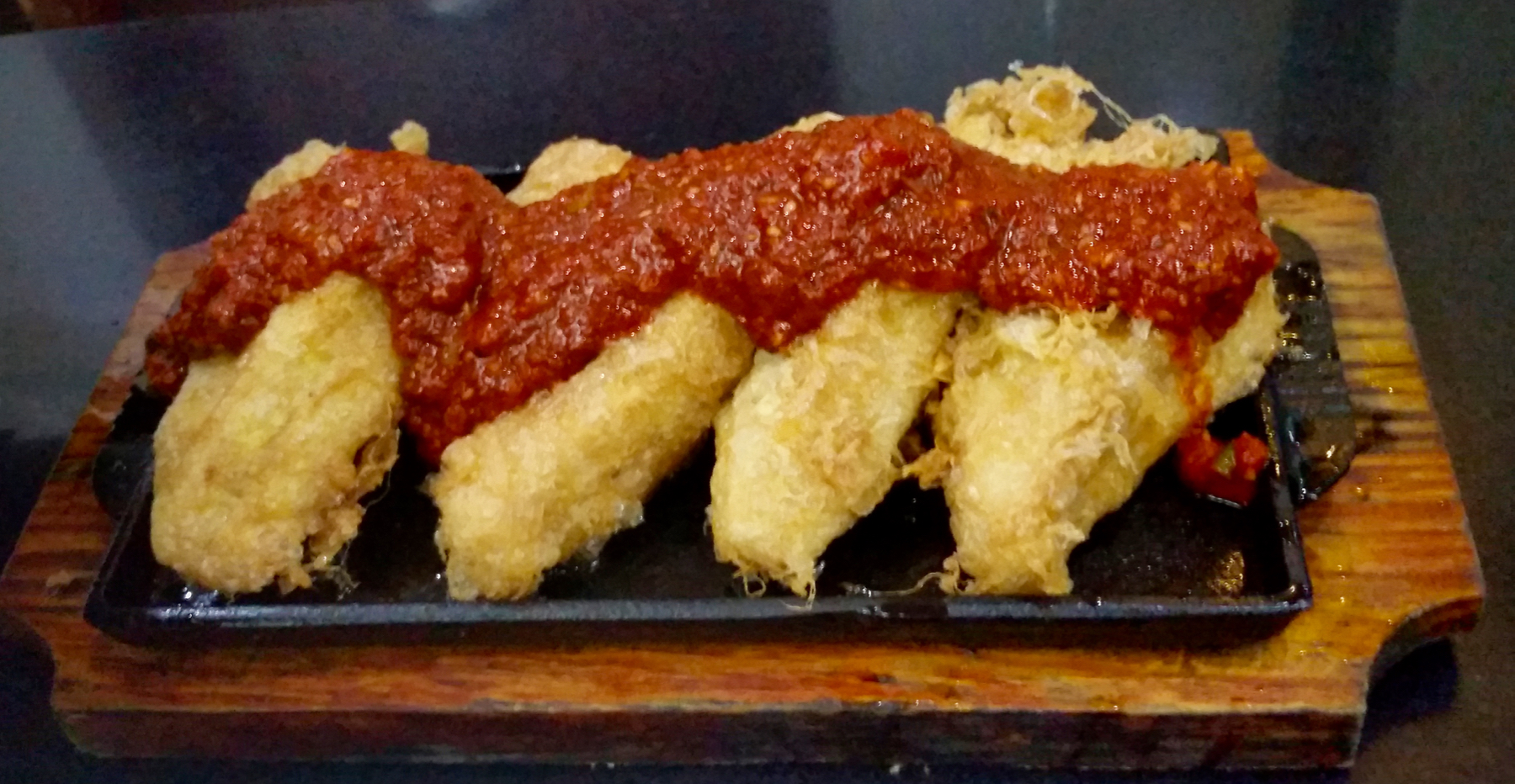 Delicious deep fried tofu with gochujang.